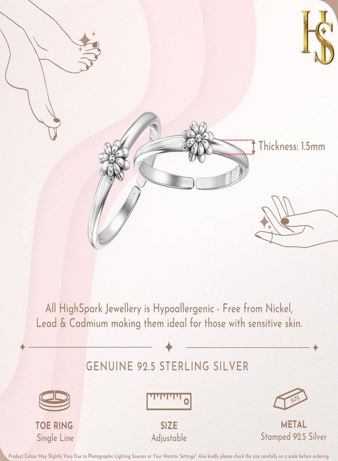 HighSpark 92.5 Sterling Silver Toe Rings for Women | 92.5 Sterling Silver Adjustable Contemporary Style & Stunning Shine | Lovely Gift - Flower - Image 2