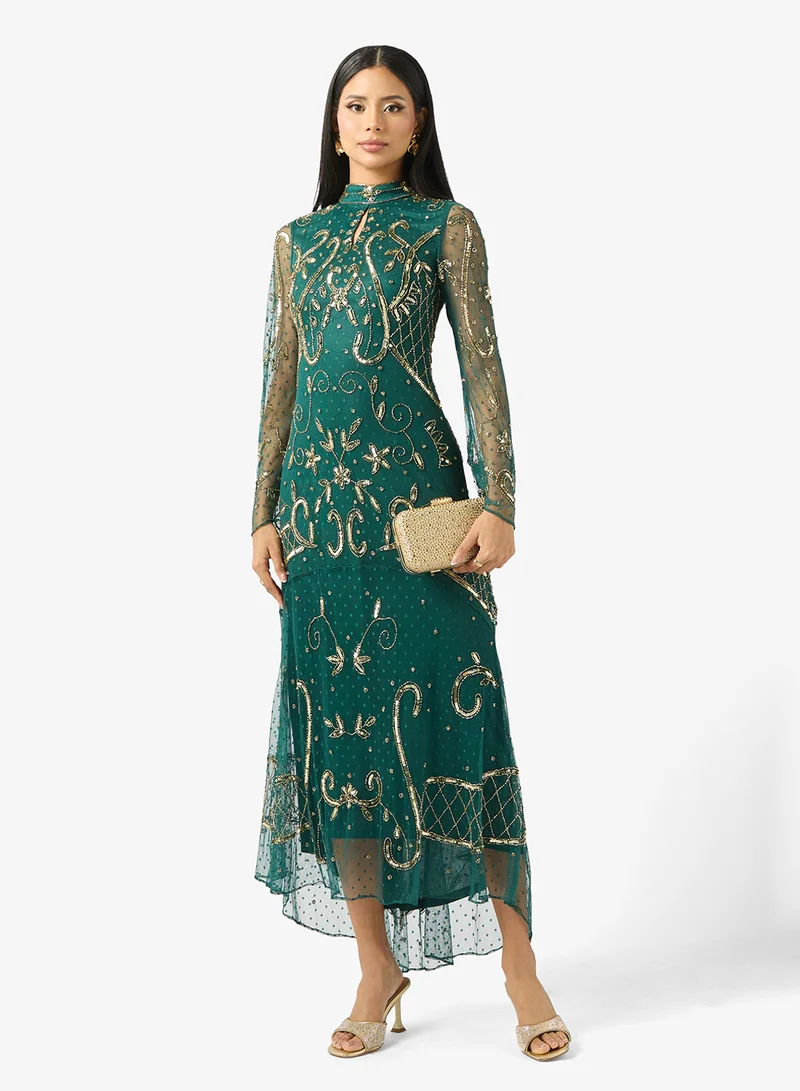 Frock and Frill Keyhole Neck Printed Maxi Dress