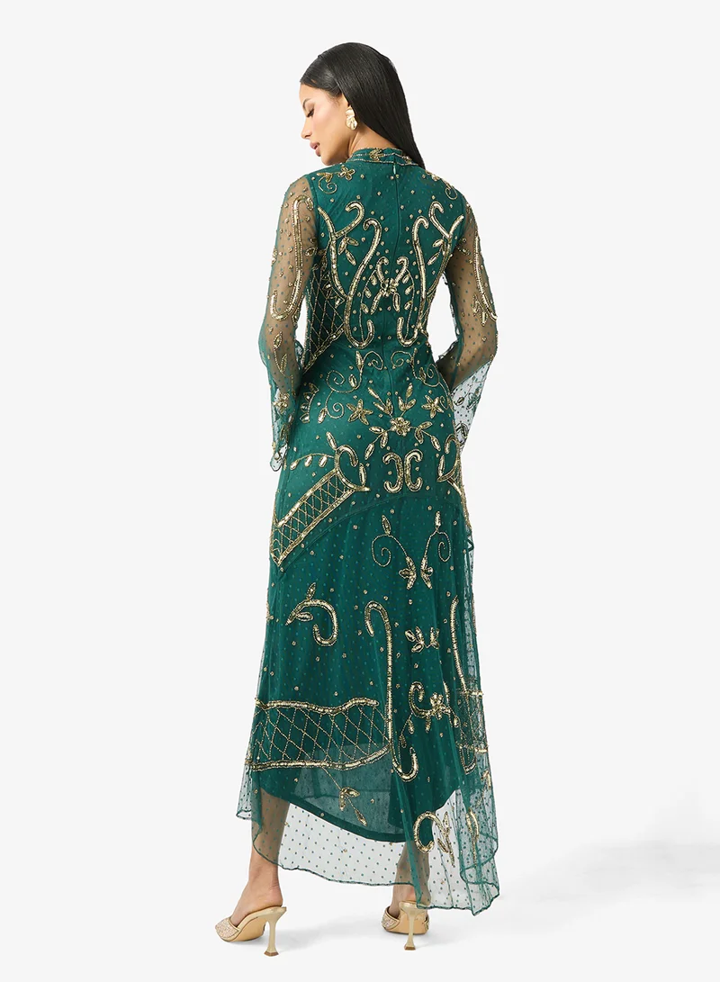 Frock and Frill Keyhole Neck Printed Maxi Dress