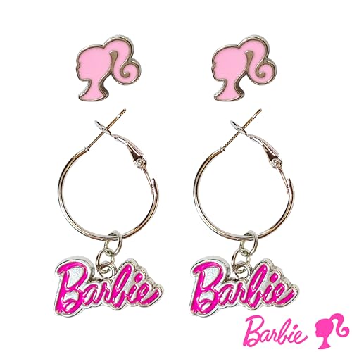 LUV HER Barbie Hypoallergenic Earrings for Girls - Hot Pink Stud Earrings & Fishhook Drop Earring Set with Charms - One Size Fits Most - Barbie Accessories for Girls Ages 4+ - Image 1