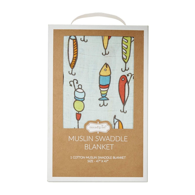 Mud Pie Kids Fishing Muslin Swaddle Blanket, Multi (12140058) - Image 2
