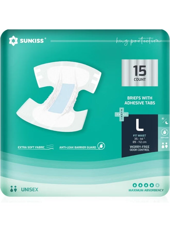حفاضات SUNKISS TrustPlus للبالغين مع امتصاص أقصى، سراويل قابلة للتخلص من السلس مع أزرار للرجال والنساء، تحكم في الروائح، كبير، 15 قطعة