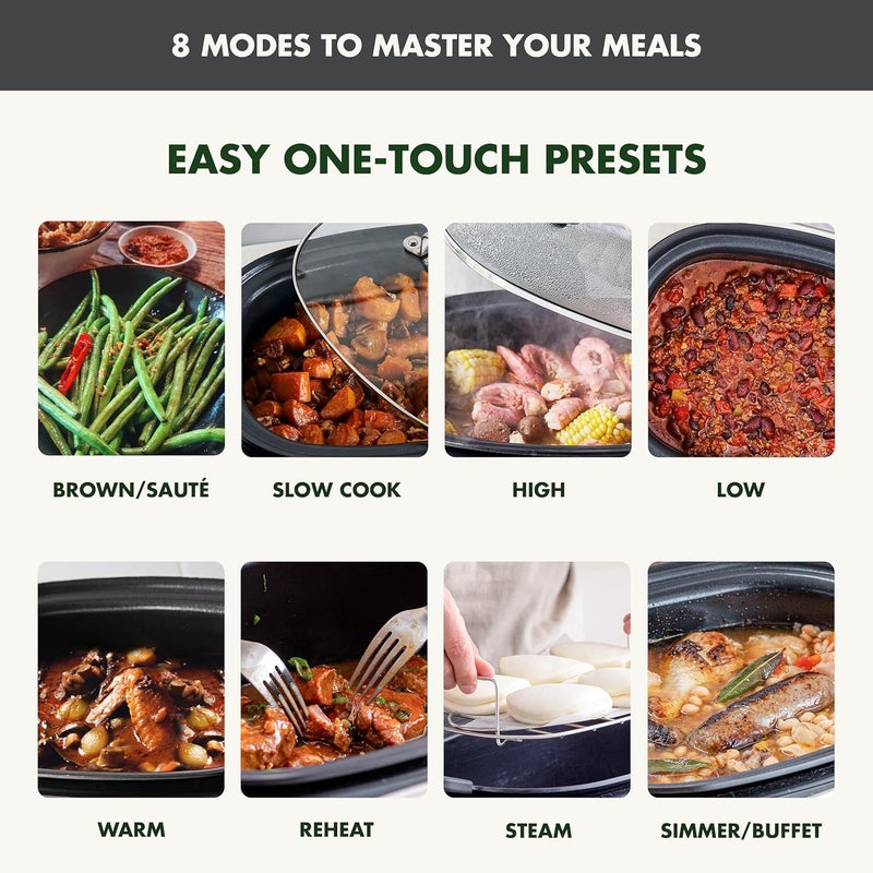 Greenpan جريين بان إليت 8 في 1 طباخ بطيء كهربائي قابل للبرمجة سعة 6QT مع غطاء آمن في غسالة الصحون وعاء قابل للإزالة خالي من PFAS سيراميك صحي غير لاصق متعدد الاستخدامات للشواء والقلي والبني والبخار سلة الشواء جرافيت - Image 3