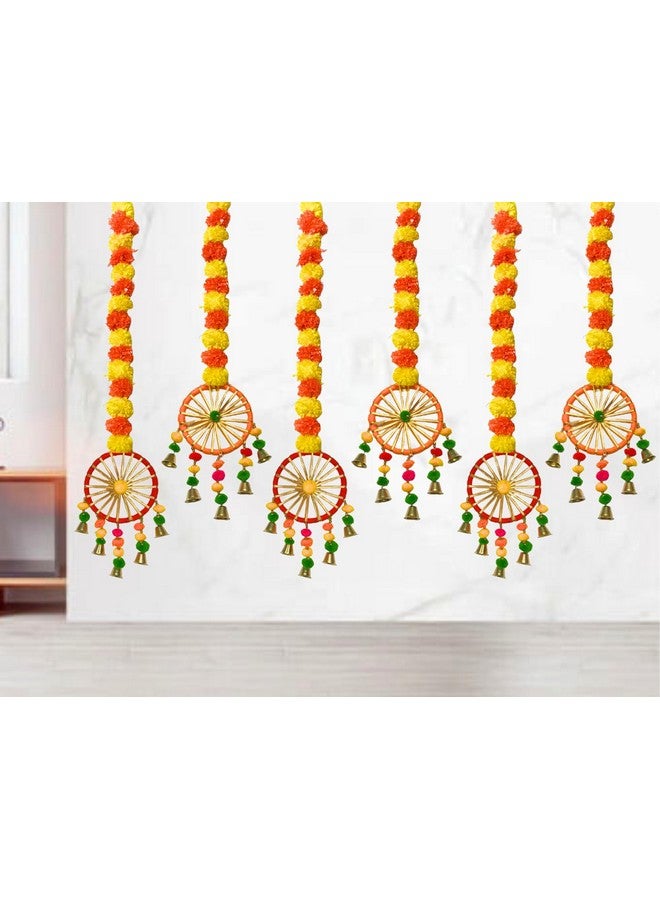 DRYPHON Artificial Marigold Flowers for Decoration with Pom Pom Ring Bell Hanging Garlands for Home Decoration for Diwali Decoration Items | Wedding | Puja Decoration Items for Home (Pack of 6) - Image 1