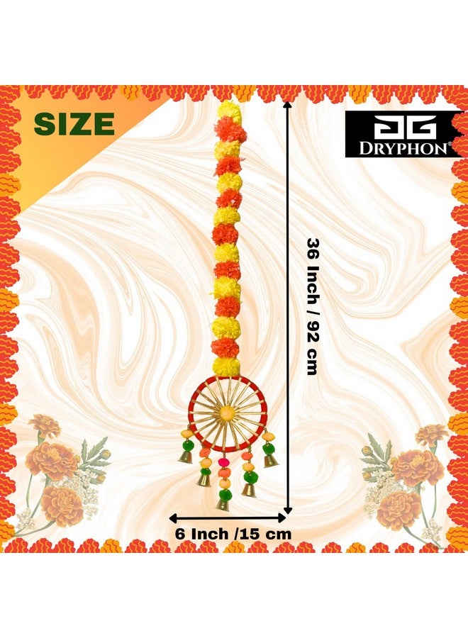 DRYPHON Artificial Marigold Flowers for Decoration with Pom Pom Ring Bell Hanging Garlands for Home Decoration for Diwali Decoration Items | Wedding | Puja Decoration Items for Home (Pack of 6) - Image 2