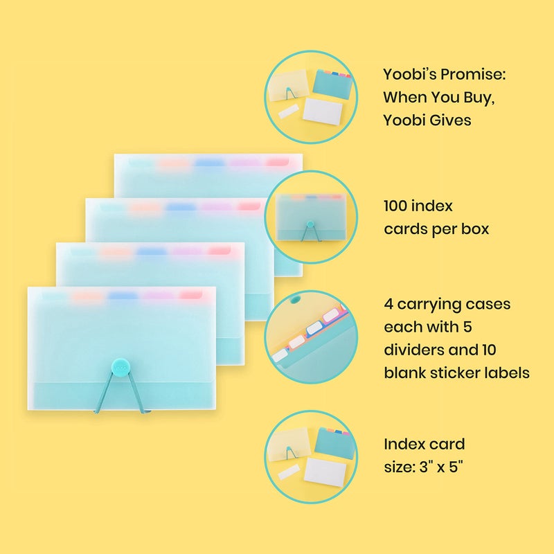 Yoobi Index Card Holder, Flash Cards Organizer, 4 Pack with 3x5 Index Cards, Color Tab Dividers and Blank Sticker Labels in Each Box, 100 College Ruled Notecards Per Case, Office and School Supplies - Image 3