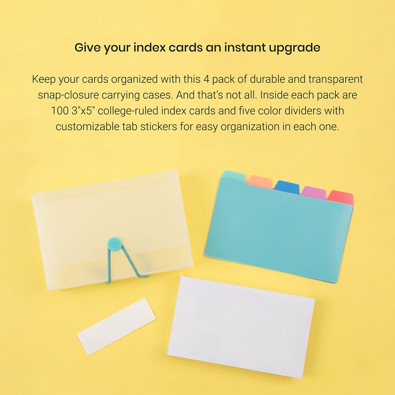 Yoobi Index Card Holder, Flash Cards Organizer, 4 Pack with 3x5 Index Cards, Color Tab Dividers and Blank Sticker Labels in Each Box, 100 College Ruled Notecards Per Case, Office and School Supplies - Image 2