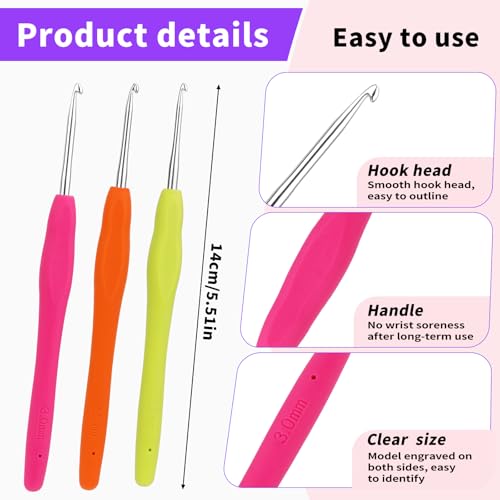 Iuuidu 3PCS Crochet Hooks, Ergonomic Handle Crochet Hooks for Arthritic Hands 3Size, Extra Long Crochet Needles for Beginners, Comfortable Smooth Knitting Needles for Handmade DIY Multicolor - Image 2