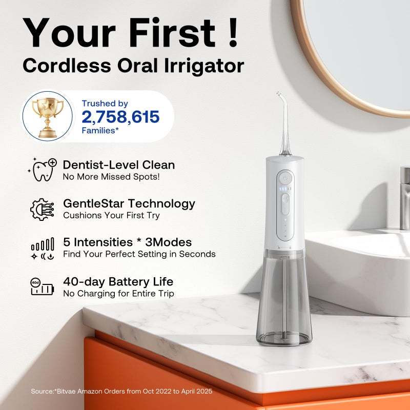 Bitvae Water Dental Flosser for Teeth, Rechargeable Water Teeth Cleaner Picks, 3 Modes 5 Intensities, IPX7 Waterproof, Oral Irrigator USB Cordless Water Dental Picks for Cleaning - Frost White - Image 2