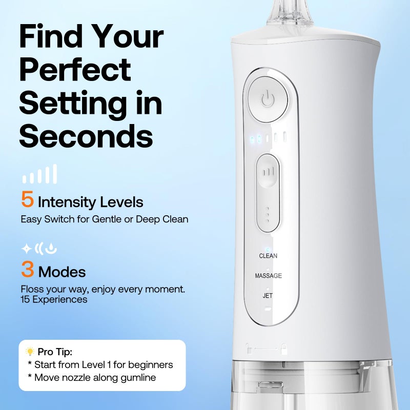 Bitvae Water Dental Flosser for Teeth, Rechargeable Water Teeth Cleaner Picks, 3 Modes 5 Intensities, IPX7 Waterproof, Oral Irrigator USB Cordless Water Dental Picks for Cleaning - Frost White - Image 4