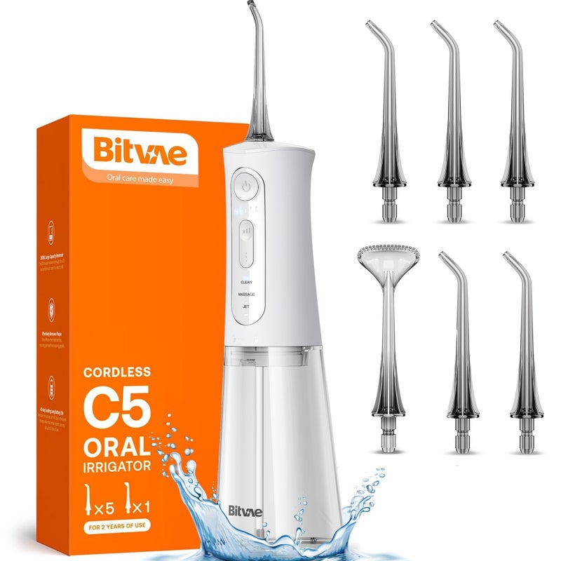 Bitvae Water Dental Flosser for Teeth, Rechargeable Water Teeth Cleaner Picks, 3 Modes 5 Intensities, IPX7 Waterproof, Oral Irrigator USB Cordless Water Dental Picks for Cleaning - Frost White - Image 1