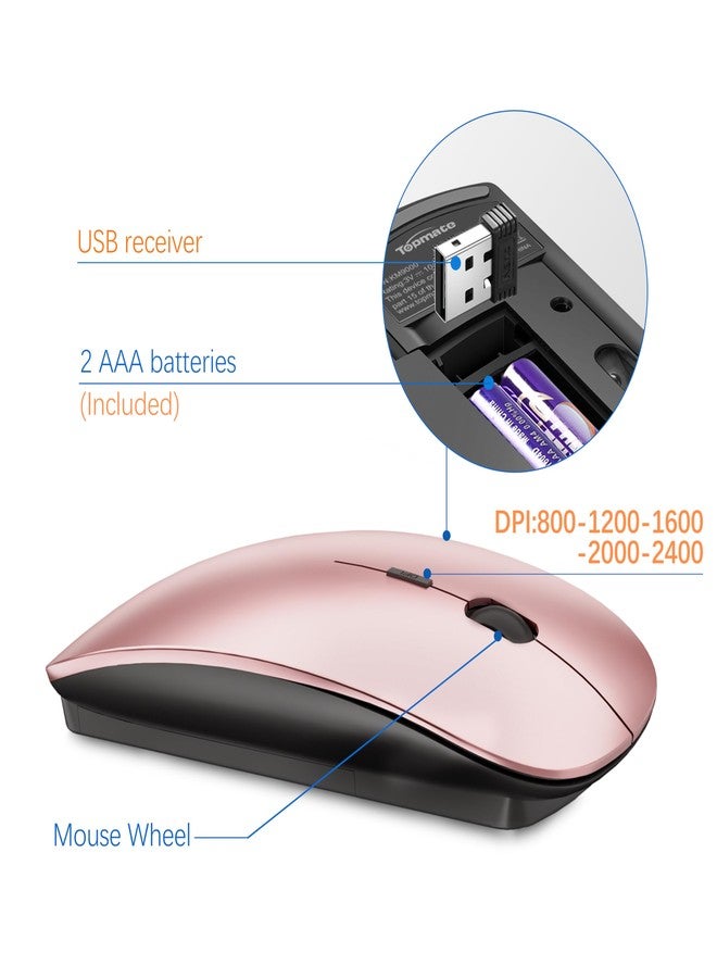 TopMate Wireless Keyboard and Mouse Ultra Slim Combo, TopMate 2.4G Silent Compact USB 2400DPI Mouse and Scissor Switch Keyboard Set with Cover, Batteries Included, for PC/Laptop/Windows/Mac - Rose Gold Black - Image 4
