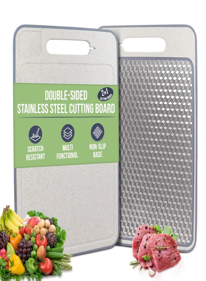 Steelware Central لوح تقطيع مزدوج الجوانب من الفولاذ المقاوم للصدأ للمطبخ - لوح تقطيع من الفولاذ المقاوم للصدأ 304/قش القمح والبولي بروبيلين للحوم والفواكه والخضراوات، مانع للانزلاق، مزود بفتحة لعصر السوائل، لوح تقطيع آمن غذائيًا، سهل التنظيف - Image 1