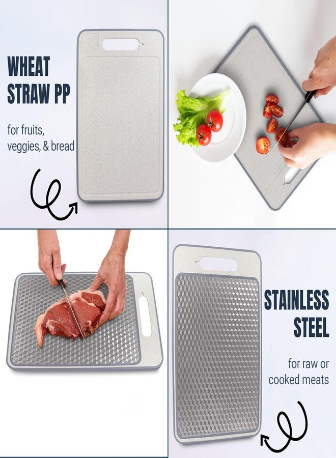 Steelware Central لوح تقطيع مزدوج الجوانب من الفولاذ المقاوم للصدأ للمطبخ - لوح تقطيع من الفولاذ المقاوم للصدأ 304/قش القمح والبولي بروبيلين للحوم والفواكه والخضراوات، مانع للانزلاق، مزود بفتحة لعصر السوائل، لوح تقطيع آمن غذائيًا، سهل التنظيف - Image 3