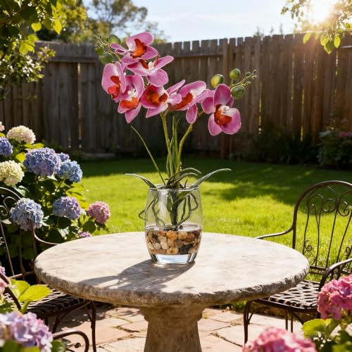 Jusdreen Artificial Purple Orchid in Glass Vase, Realistic Phalaenopsis Arrangement with Potting for Home Office Table Decor, 14.5 Inch Flower Centerpiece - Image 4