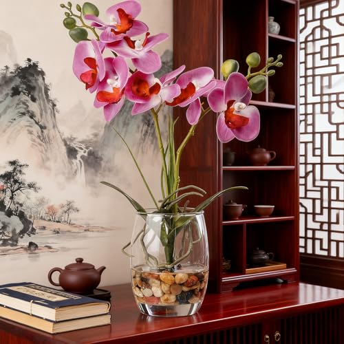 Jusdreen Artificial Purple Orchid in Glass Vase, Realistic Phalaenopsis Arrangement with Potting for Home Office Table Decor, 14.5 Inch Flower Centerpiece - Image 5