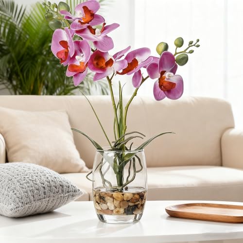 Jusdreen Artificial Purple Orchid in Glass Vase, Realistic Phalaenopsis Arrangement with Potting for Home Office Table Decor, 14.5 Inch Flower Centerpiece - Image 3