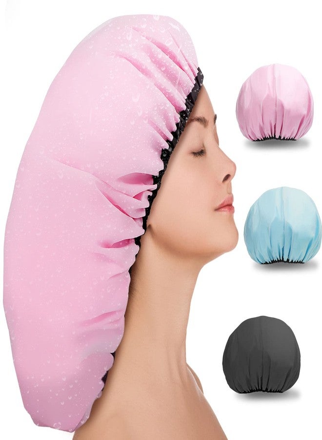SHEOMERN 3 Pcs 16.5" Super Extra Large Shower Cap, Reusable Dual Waterproof Shower Cap for Women, Jumbo Satin Lined Shower Cap for Braids & Long Hair, XXL Adjustable Hair Cap for Locs Dreadlocks Music - Image 1
