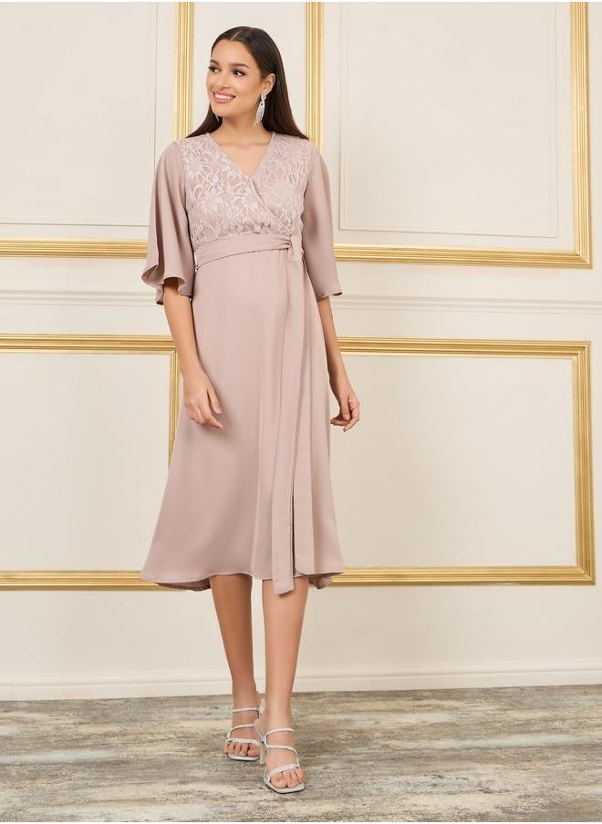 Styli Styli Lace Detail Flared Sleeves Wrap Midi Dress  - Image 2