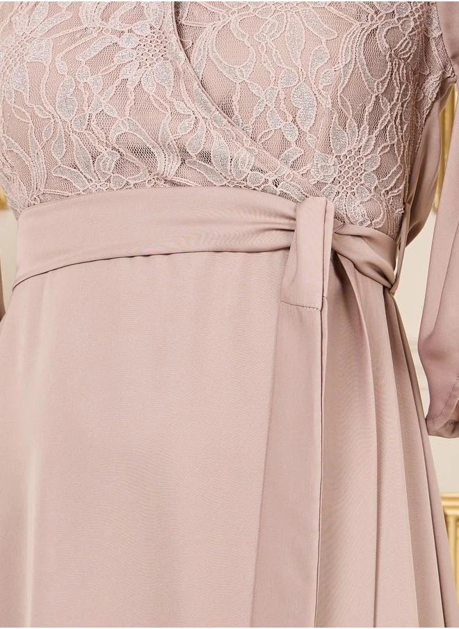 ستايلي Styli Lace Detail Flared Sleeves Wrap Midi Dress