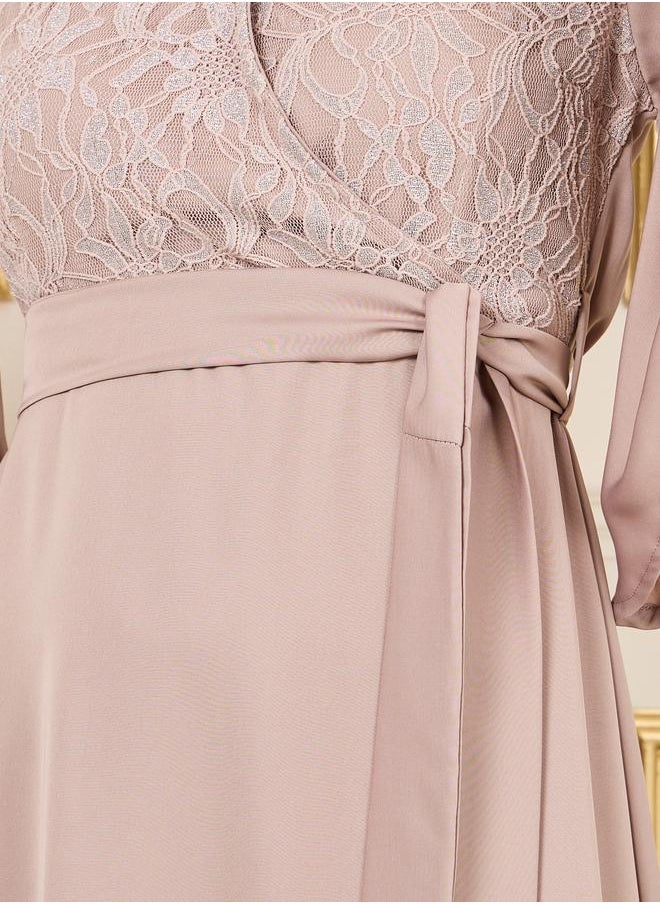 Styli Styli Lace Detail Flared Sleeves Wrap Midi Dress  - Image 3