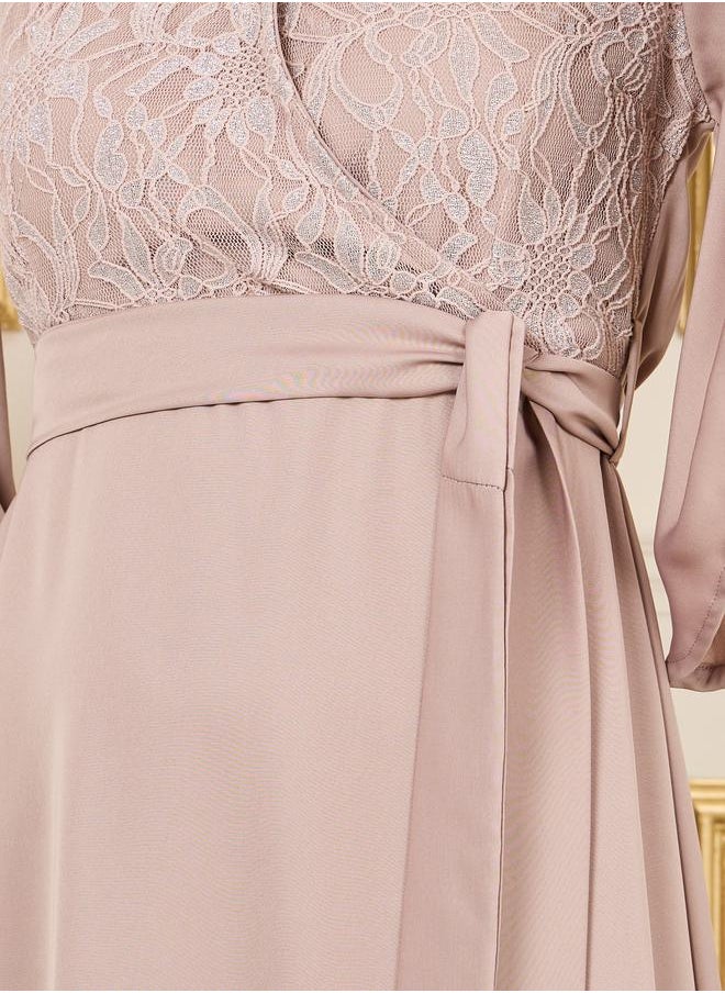 Styli Lace Detail Flared Sleeves Wrap Midi Dress  - Image 3