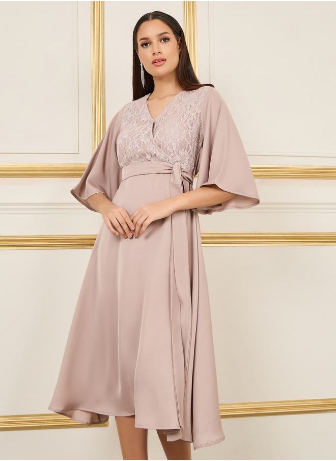 Styli Lace Detail Flared Sleeves Wrap Midi Dress  - Image 1