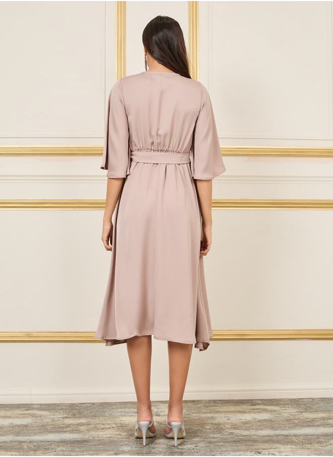 Styli Lace Detail Flared Sleeves Wrap Midi Dress  - Image 4
