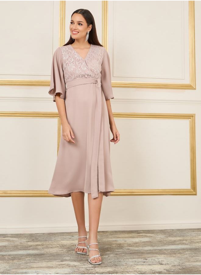 Styli Lace Detail Flared Sleeves Wrap Midi Dress  - Image 2
