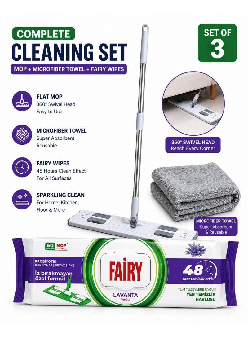 Fairy 3 in 1 Flat Mop Cleaning Set with Microfiber Towel & Fairy Lavender 50 Floor Wipes Packet – 360° Rotating Mop for Home, Kitchen & Floor Cleaning - Image 2