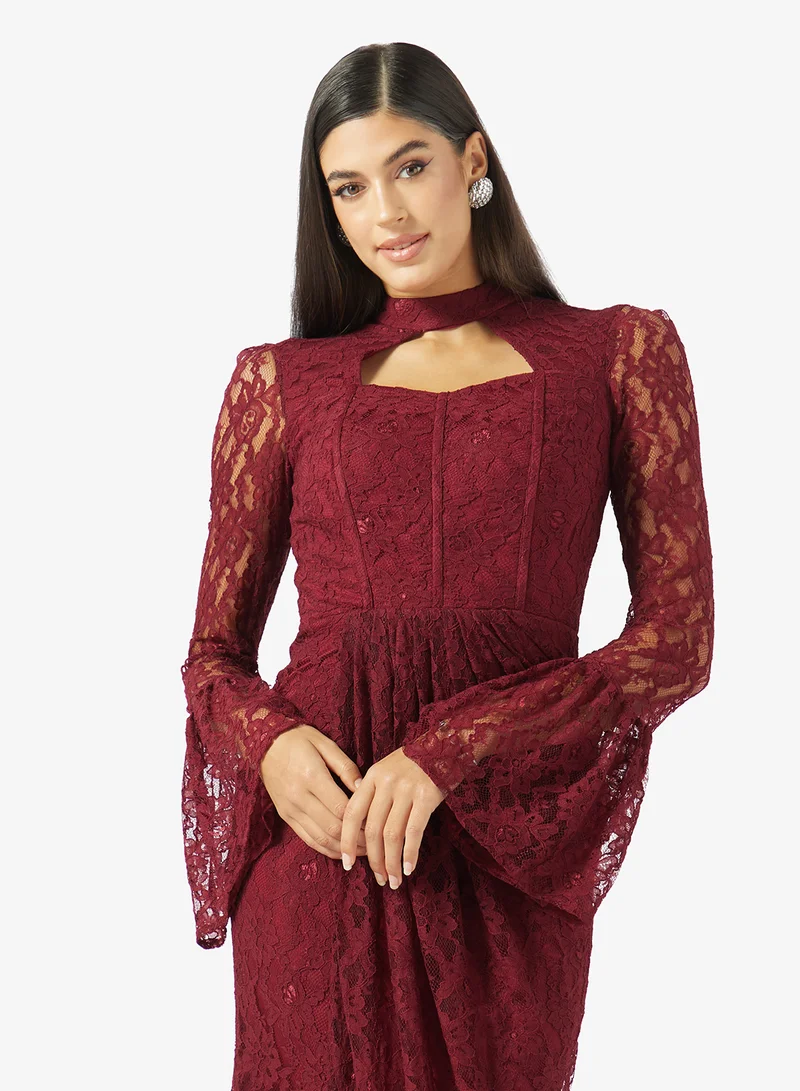 Akadia Fashion  CORSET CUT OUT FLARE SLEEVES DANTEL DRESS for Women | Best Price UAE