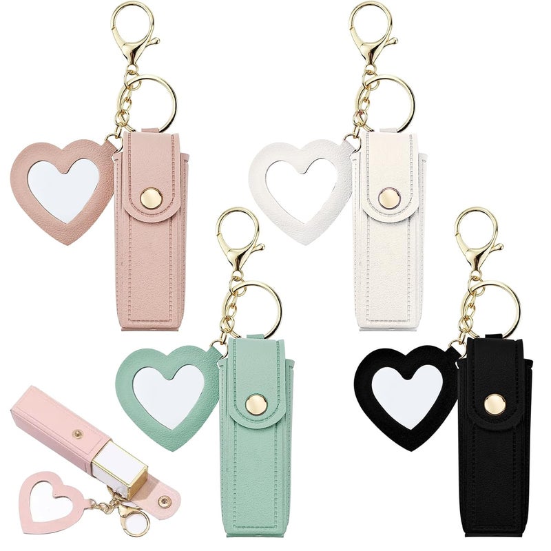 Arvintas 4 PACK PU Leather Potable Chapstick Holder Key Chain Bulk with Mirror, Lipstick Keychain, Lip Balm Organizer Holder Lipstick Travel Makeup Storage Case for Women Girls (Style 1) - Image 1