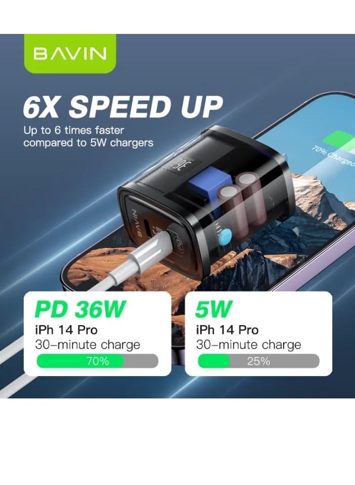 Bavin PC872E Transparent Dual Port QC and PD Home Charger Fast Charging 36W Black - Image 1