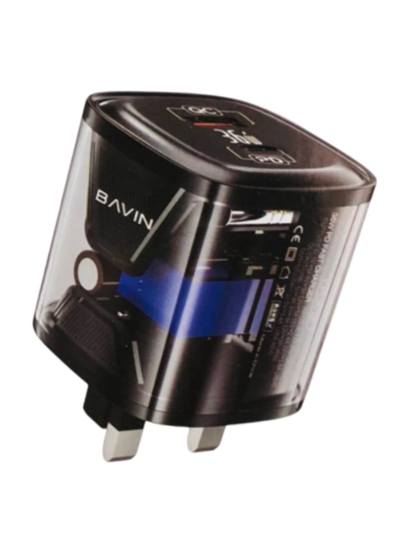Bavin PC872E Transparent Dual Port QC and PD Home Charger Fast Charging 36W Black - Image 2