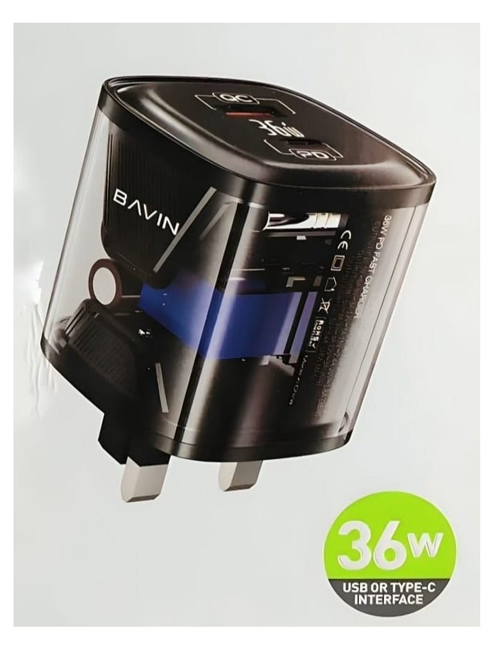 Bavin PC872E Transparent Dual Port QC and PD Home Charger Fast Charging 36W Black - Image 3