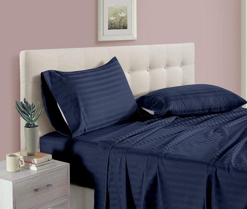 TRANQUILORD Premium Hotel Quality Queen Size Flat Double Bed Sheet with 2 Pillow Covers Softest Egyptian Bedding Flat Sheet Stripe WrinkleFree Navy Blue