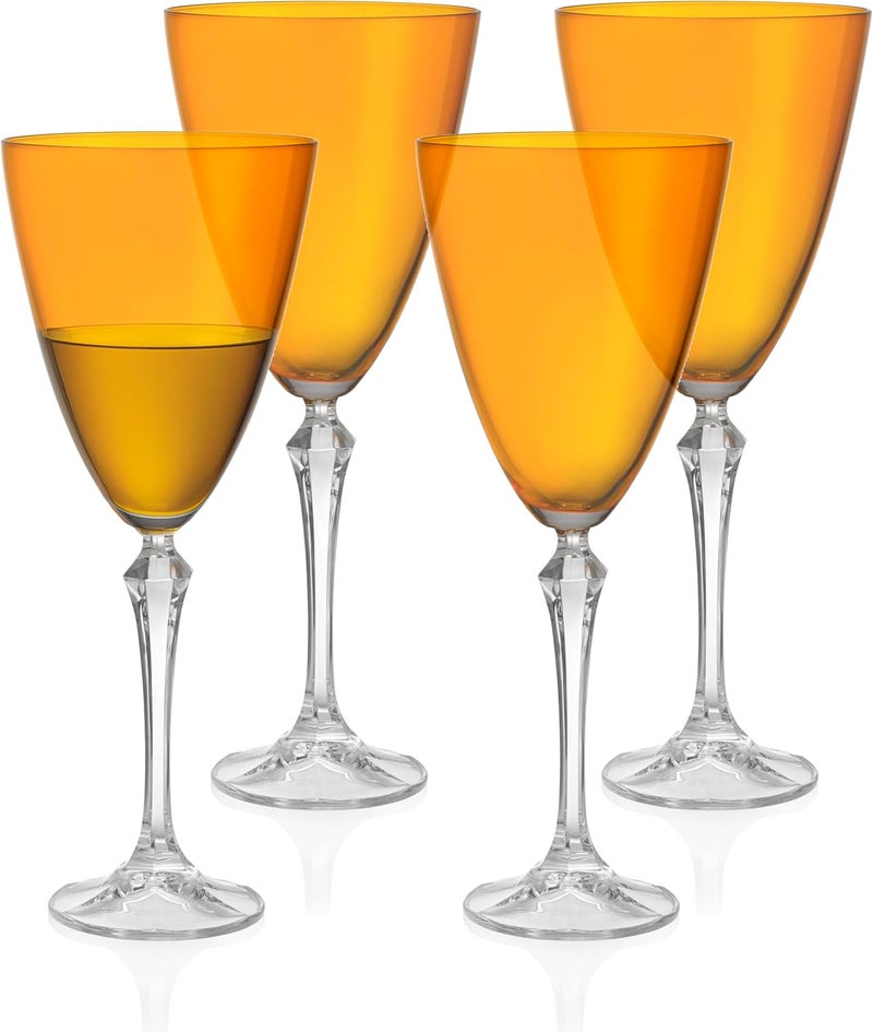 Wine Glass - Set of 4 - Amber Colored Cup - for Water - White or Red Wine - 9 fl. Oz. - Clear Stem - Glasses - Made in Europe