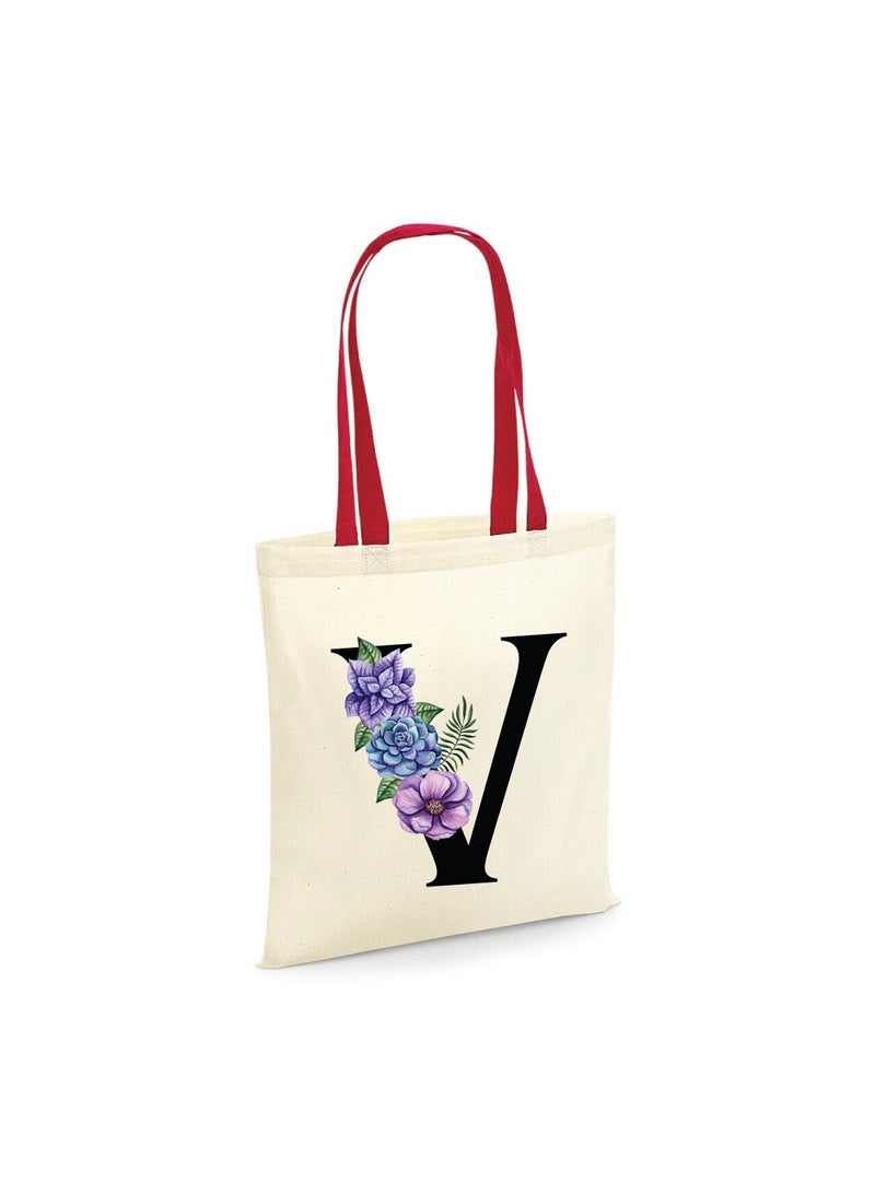 PRINTSHOP4ME Initial Letters Canvas Cotton Tote Bag With Red Handle-Ideal Gifts For Bridesmaids-Party Bag  - Image 1