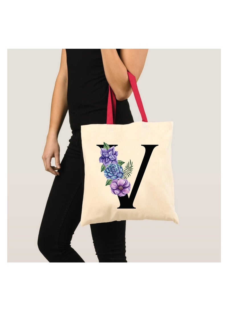 PRINTSHOP4ME Initial Letters Canvas Cotton Tote Bag With Red Handle-Ideal Gifts For Bridesmaids-Party Bag  - Image 3