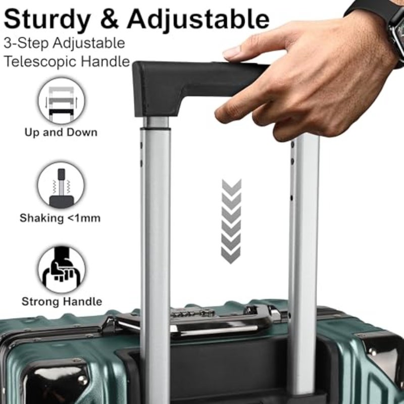Carry-on 20-inch trolley luggage for travel, aluminum frame with polycarbonate hard case, blackish green, lightweight and ultra-quiet 360 double spinner wheels - Image 3