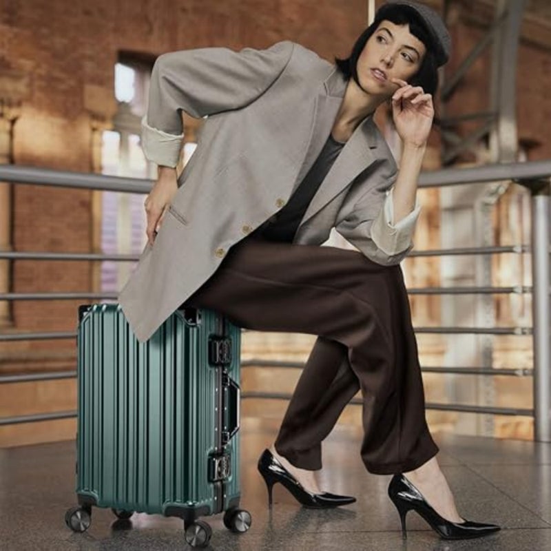 Carry-on 20-inch trolley luggage for travel, aluminum frame with polycarbonate hard case, blackish green, lightweight and ultra-quiet 360 double spinner wheels - Image 2