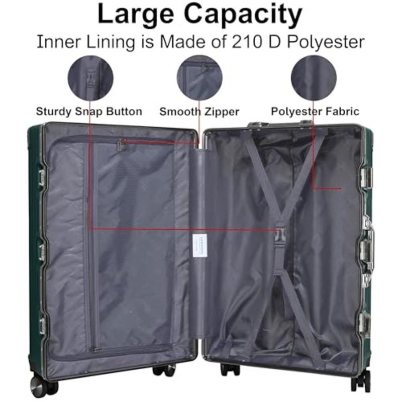 Carry-on 20-inch trolley luggage for travel, aluminum frame with polycarbonate hard case, blackish green, lightweight and ultra-quiet 360 double spinner wheels - Image 4
