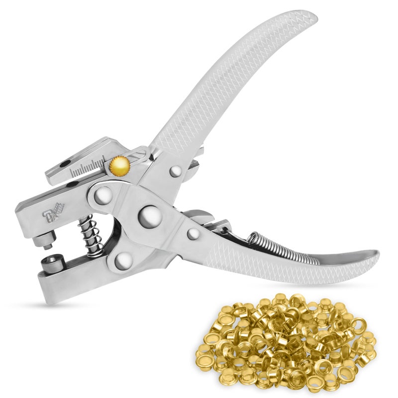 Kurtzy KURTZY 3/16 Inch Grommet Metal Tool - Eyelet Hole Punch Pliers Kit with 100 Eyelets - 7.2mm Gold Metal Grommets - Plier Puncher Set for Fabric, Leather, Belts, Canvas, Shoes, Bags and Craft Supplies - Image 1