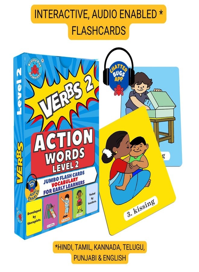 Brainy Bug Resources 60 Early Years Words, Audio-Enabled Flashcards | Action Words Levels 1 and 2 | Audio in Hindi, English, Punjabi, Tamil, Kannada, Telugu | Learn English | Special Needs Kids - Image 3