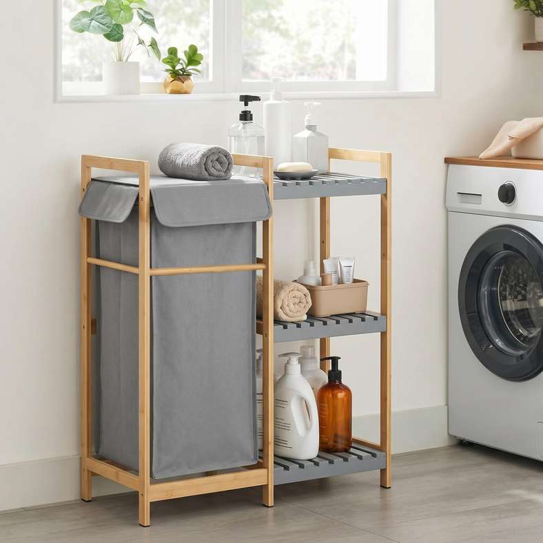 Pan Home Avilia 3 Tier Shelves With Laundry Basket 48x33x76cm-Natural Grey - 261MTA9900207 - Image 1