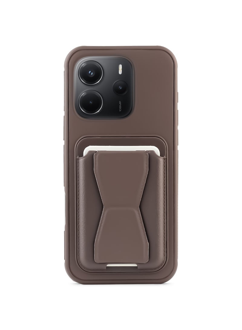 Leather back cover with card wallet Foldable Shockpoof Case compatible with Xiaomi Redmi note 14 4G (Not 5G) (Brown)