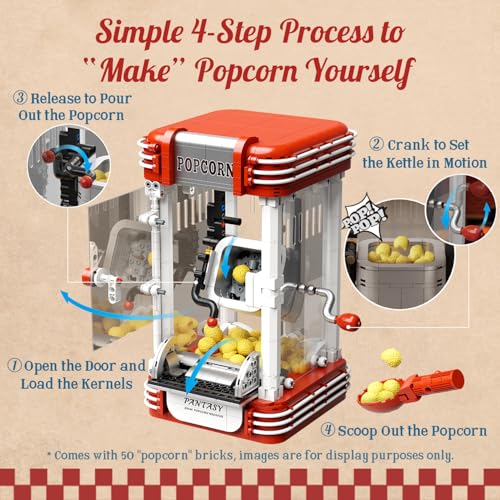 PANTASY Popcorn Machine Building Set Vintage Popcorn Maker Model with Interactive Crank Realistic Popcorn Pieces Character Figure and Collectible Display Design for Adults and Retro Lovers - Image 5