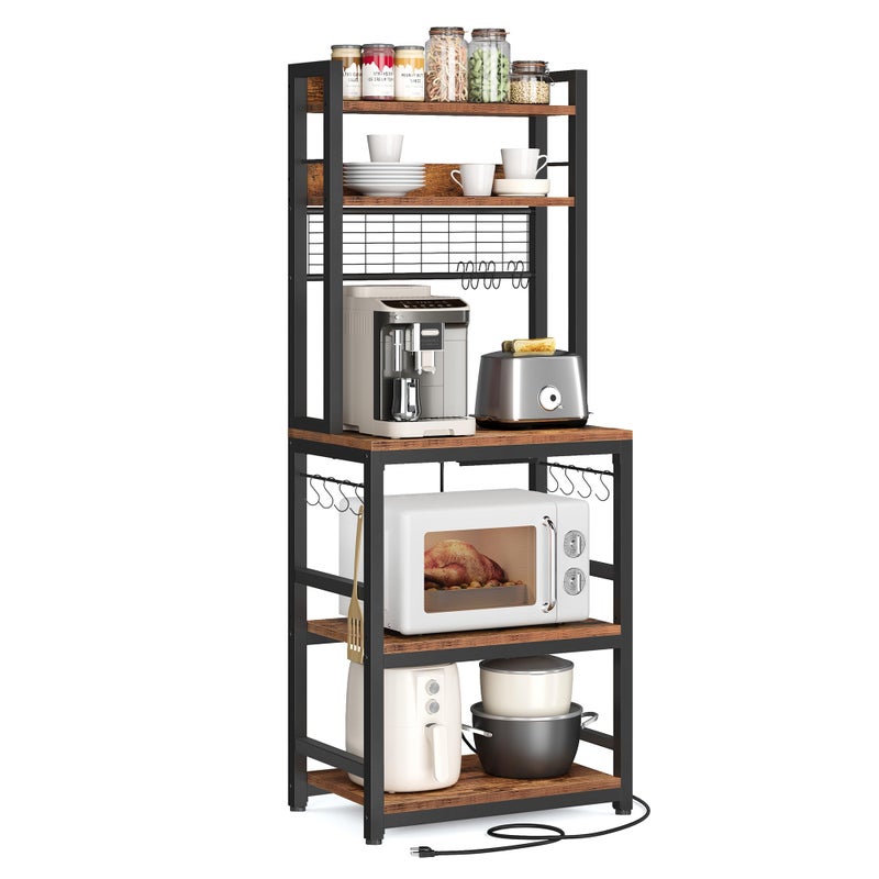 VASAGLE Bakers Rack with Power Outlet Microwave Stand Kitchen Tall Utility Storage Shelf with Metal Wire Panel 14 Hooks 157 x 236 x 669 Inches Rustic Brown and Ink Black UKKS037B01