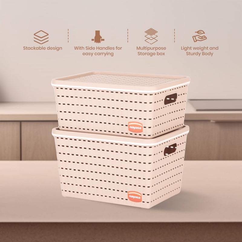NAYASA Gloria 2 Pcs Set Basket | Medium 1 + Big 1 | Plastic Basket With Lid | Multipurpose Basket With Lid | Organizer Basket With Lid | Beige - Image 5