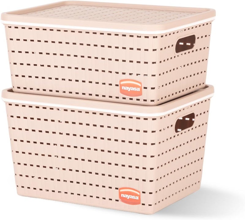 NAYASA Gloria 2 Pcs Set Basket | Medium 1 + Big 1 | Plastic Basket With Lid | Multipurpose Basket With Lid | Organizer Basket With Lid | Beige - Image 2